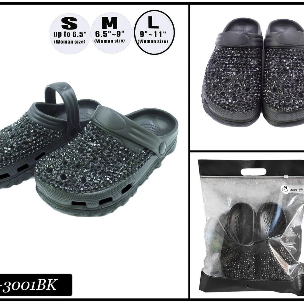 Fashion Rhinestone Clogs, Pool Slides, Black